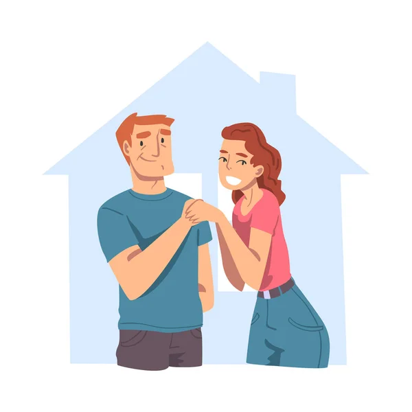 Happy Family Couple Inside Outline House, Abstract Real Estate, Glimlachende jonge man en vrouw kopen of huren van een nieuw huis Flat Style Vector Illustratie — Stockvector