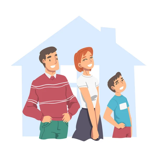 Happy Family Inside Outline House, Abstrakta Fastigheter, Leende Föräldrar och deras Son planerar att köpa nya Bostäder Flat Style Vector Illustration — Stock vektor