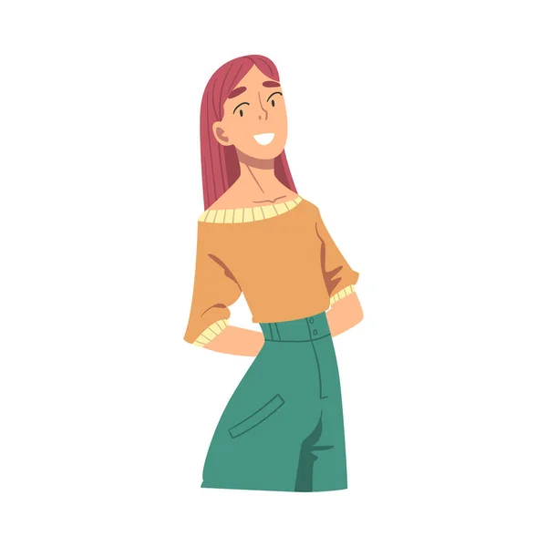 Feliz Sorrindo Jovem Mulher Vestindo Roupas Casuais Estilo Plano Vetor Ilustração — Vetor de Stock