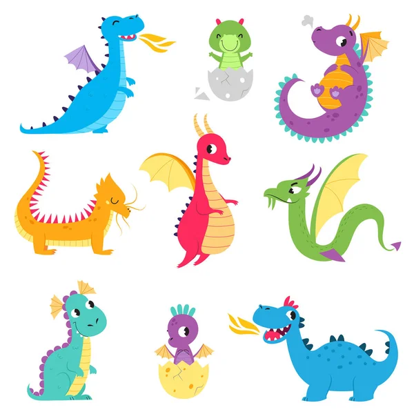 Lindo colorido conjunto de pequeños dragones, adorables criaturas fantásticas, personajes de cuento de hadas estilo de dibujos animados Vector Ilustración — Vector de stock
