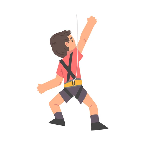 ロープで壁を登る少年,バックキッズクライマーのキャラクターのビューは、極端なスポーツを練習したり、アドベンチャーパーク漫画スタイルのベクトルイラストで楽しみを持っている — ストックベクタ