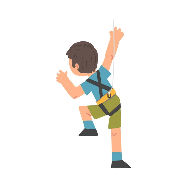 Personagem Boy Rock Climber, Visão traseira do garoto bonito vestindo shorts e t-shirt parede de escalada Desenhos animados Estilo Vector Ilustração —  Vetores de Stock