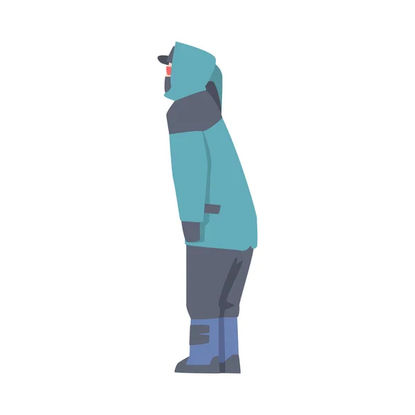 ハイキングブーツに身を包み、ロードベクトルイラストを探す男キャラクター — ストックベクタ