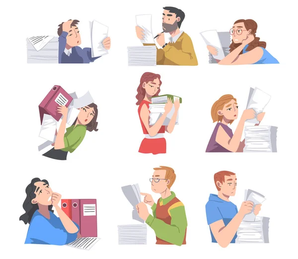 Personajes de personas con montón de papeles y archivos como conjunto de ilustración vectorial de administración de correspondencia — Vector de stock