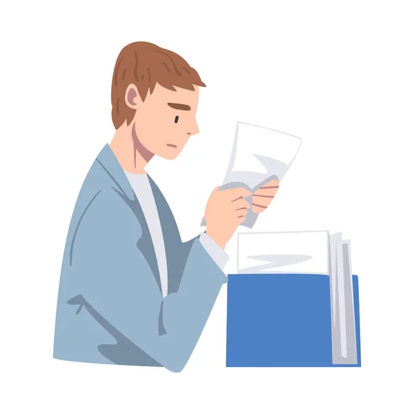 Young Man Character Working with Papers and Files Vector Illustration — Stock Vector