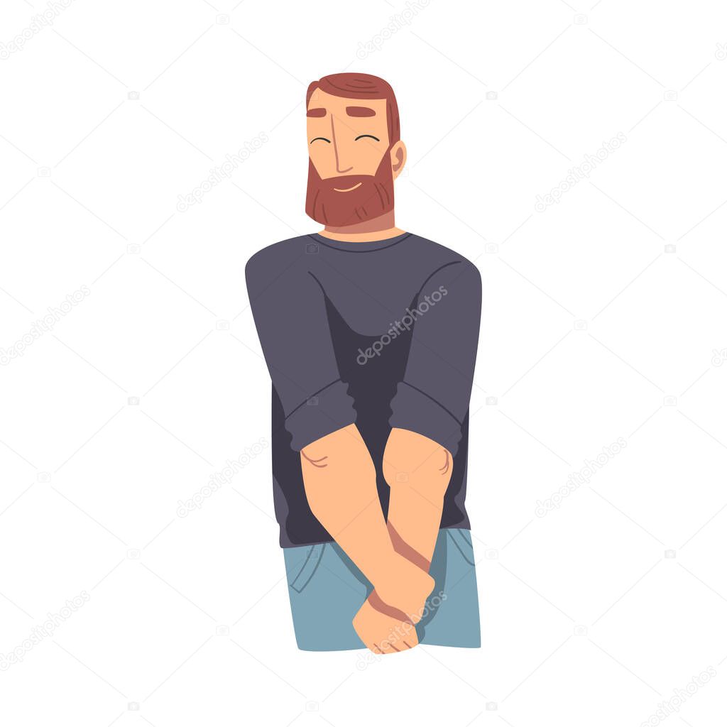 Cheerful Bearded Young Man Standing with Crossed Arms Flat Style Vector Illustration