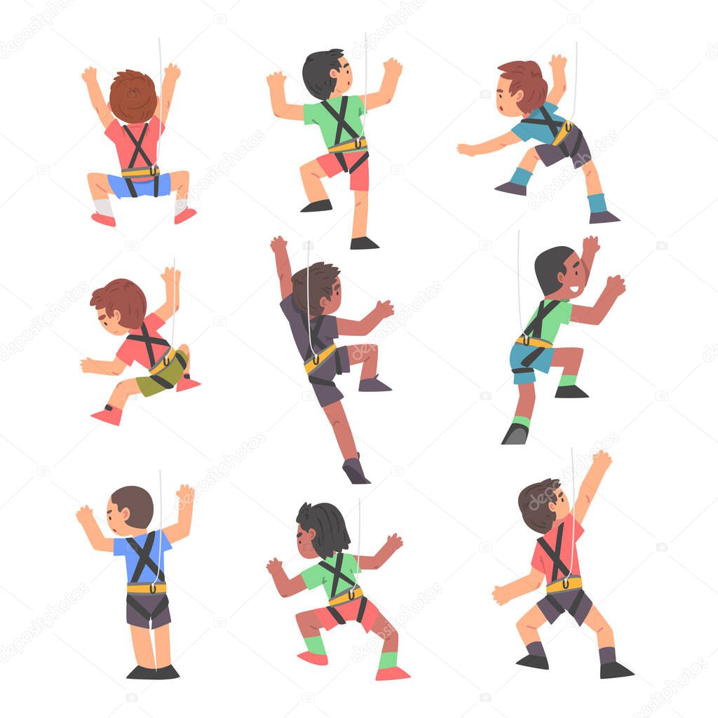 Boy Rock Climbers Characters Set, Cute Kids Climbing Wall, Boys Doing Sports or Having Fun in Adventure Park Cartoon Style Vector Illustration