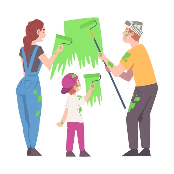 Young Family with Kid Holding Paint Roller Making Repair and Home Renovation Vector Illustration — Stock Vector