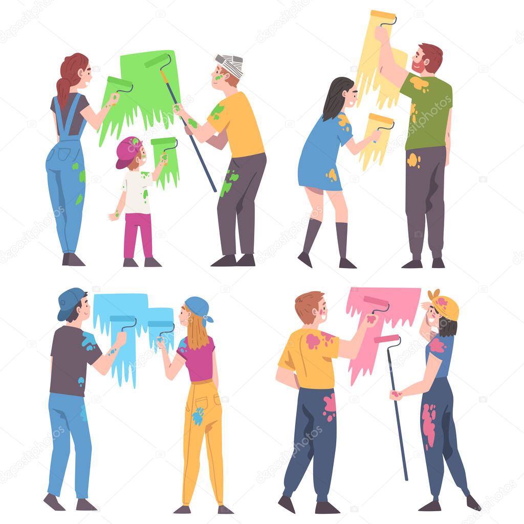 Young Family with Kid Holding Paint Roller Making Repair and Home Renovation Vector Set