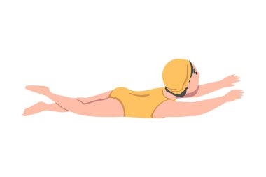 Havuzda Yüzen Kız, Şirin Çocuk Yüzücü Karakteri Yüzme kursunda Sarı Mayolu Kask Eğitimi, Sağlıklı Yaşam Tarzı, Su Aktiviteleri Çizgi Film Stili Çizgi Roman İllüstrasyonu