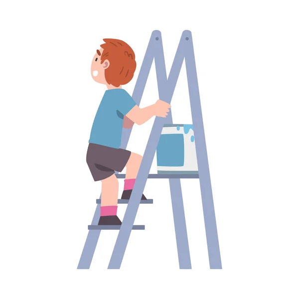 Little Boy with Ladder and Bucket with Paint Vector Illustration — Stock Vector