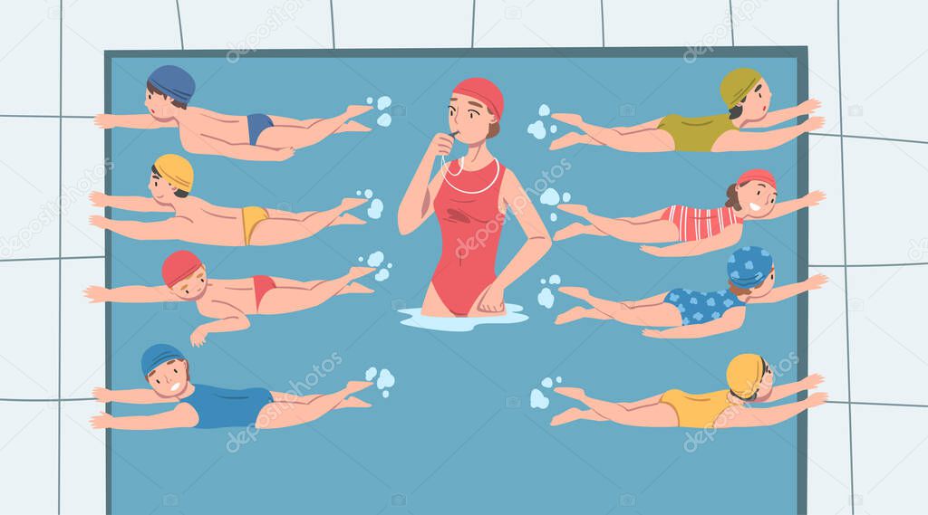 Cute Kids Swimming in Pool at Class, Woman Swimming Coach with Whistle Teaching them, Healthy Lifestyle, Water Activities Concept Cartoon Vector Illustration