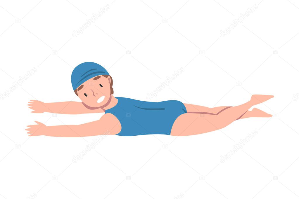 Girl Swimming in Pool, Cute Kid Swimmer Dressed Blue Swimsuit and Cap Training at Swimming Class, Healthy Lifestyle, Water Activities Concept Cartoon Style Vector Illustration