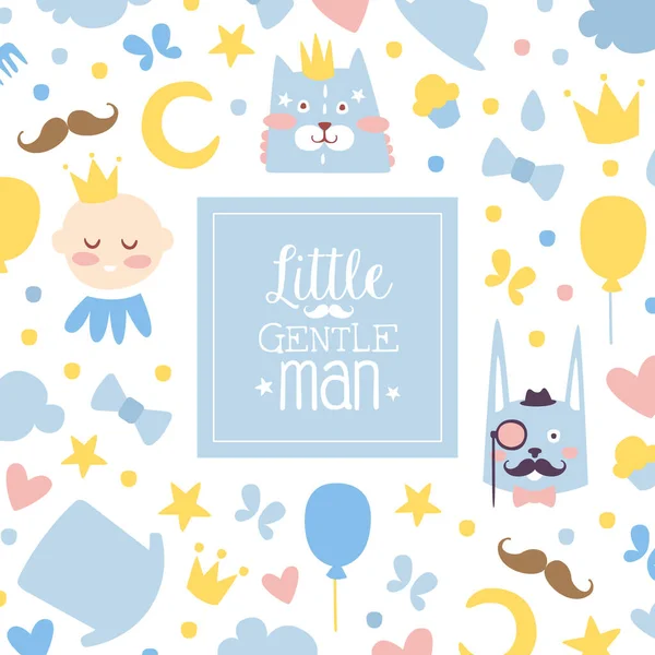 Little Gentleman Banner Template, Baby Boy Shower és Birthday Party poszter, Meghívó kártya aranyos gyerekes zökkenőmentes minta rajzfilm vektor illusztráció — Stock Vector
