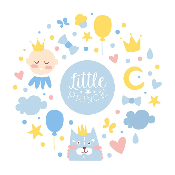 Plantilla de banner Little Prince, Baby Boy Shower y diseño de fiesta de cumpleaños con lindo patrón infantil ilustración vectorial de dibujos animados — Vector de stock