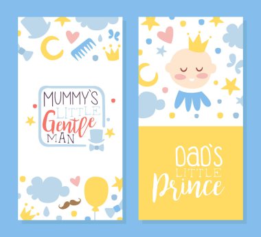Anne Küçük Centilmen ve Baba Prens Kart Şablonu Set, Bebek Oğlan Duşu veya Doğum Günü Partisi Afişi, Poster, Davetiye Vektör İllüstrasyonu