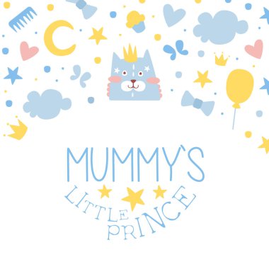 Mumya Küçük Prens Kart Şablonları, Bebek Oğlan Duşu ya da Doğum Günü Parti Afişi, Poster, IDavetiye Kartı Vektör İllüstrasyonu