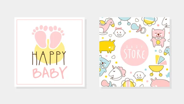 Happy Baby Store Card Templates Set, Baby Girl Boy Products Shop Flyer, Brochure, Book Cover, Poster, Iinvitation, Design Cartoon Vector Illustration — Stock Vector