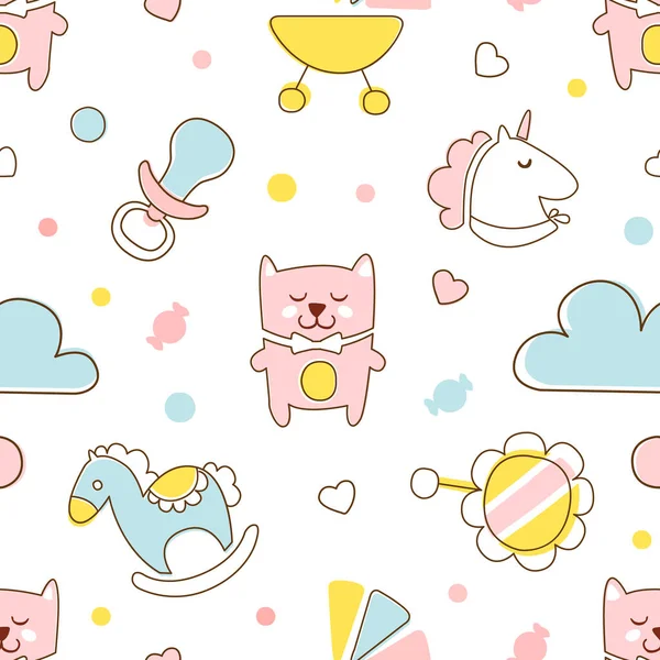 Cute Kids Toys Seamless Pattern in Pastel Colors, Endless Repeating Print Can be Used for Background, Wallpaper, Textile, Packaging Design Cartoon Vector Illustration — Stock Vector