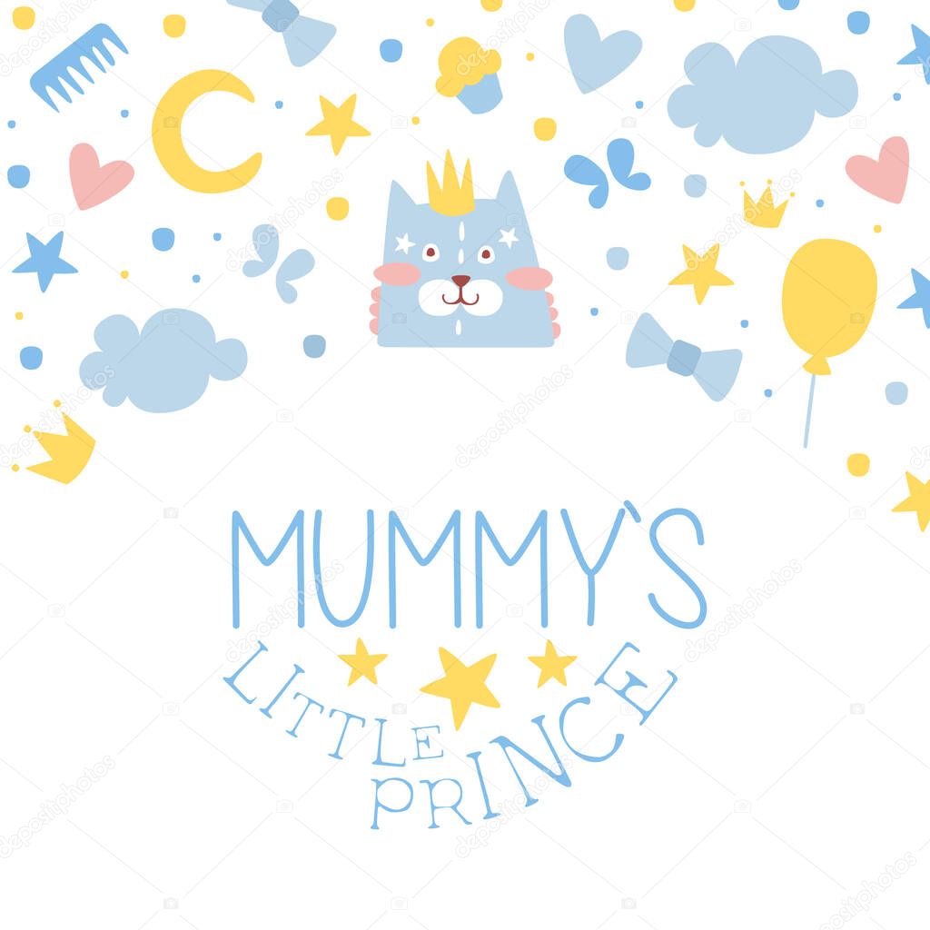 Mummy Little Prince Card Templates Set, Baby Boy Shower or Birthday Party Banner, Poster, Iinvitation Card Vector Illustration