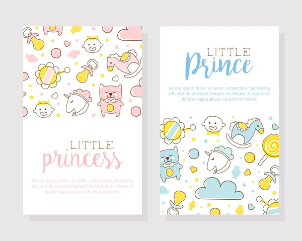 Little Prince and Princess Card Templates Set, Baby Boy and Girl Products Shop, Store Flyer, Brochure, Book Cover, Poster, Iinvitation, Design Cartoon Vector Illustration — Stock Vector