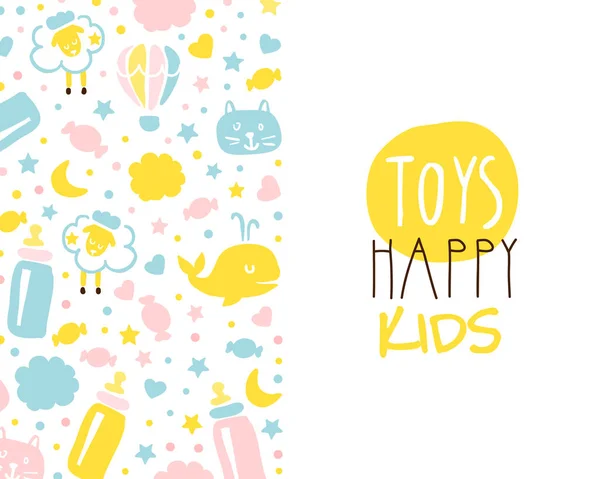 Plantilla de banner de niños felices de juguetes, productos y accesorios para bebés Cartel de la tienda, folleto, portada del libro, ilustración de vectores de dibujos animados de tarjetas — Vector de stock