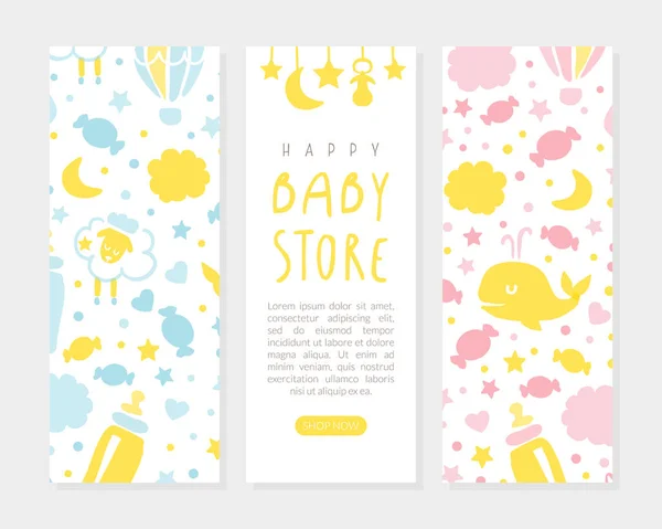 Happy Baby Store Card Template Set, Kid Products and Accessories Flyer, Brochure, Book Cover, Poster, Iinvitation, in Pastel Colors Cartoon Vector Illustration — 스톡 벡터