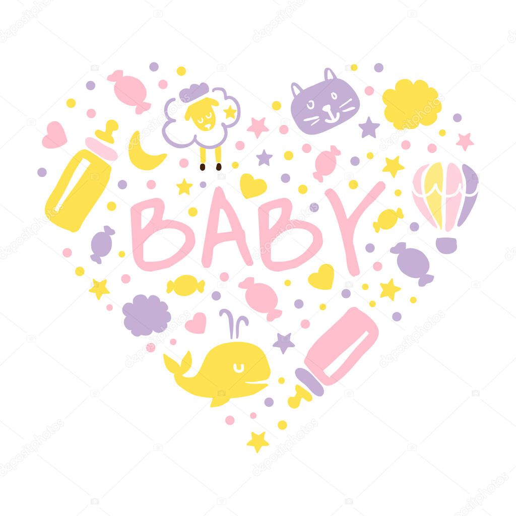 Baby Banner Template, Kid Products and Accessories of Heart Shape, Flyer, Brochure, Book Cover, Poster, Iinvitation, in Pastel Colors Cartoon Vector Illustration