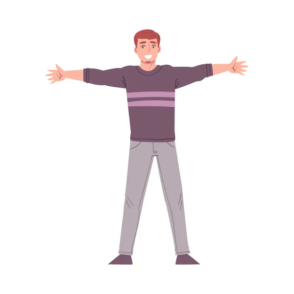 Jeune homme souriant debout les bras tendus, Bienvenue, Solidarité, Amitié et Charité Concept Illustration vectorielle de style bande dessinée — Image vectorielle