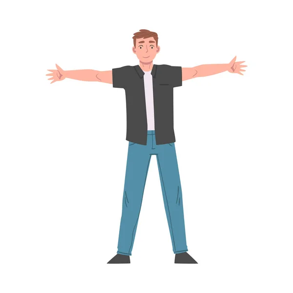 Joyeux jeune homme debout avec les bras tendus, Bienvenue, Solidarité, Amitié et Charité Concept Illustration vectorielle de style bande dessinée — Image vectorielle