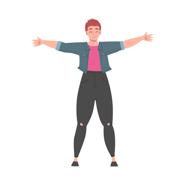 Jeune femme debout avec les bras tendus, Bienvenue, Solidarité, Amitié et Charité Concept Cartoon Style Illustration vectorielle — Image vectorielle