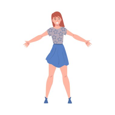 Neşeli Kız Giyinik Kollarını uzatmış, Hoş Geldiniz Hareketi, Dayanışma, Arkadaşlık, Yardım ve Destek Konsepti Çizgi Film Modeli Vektör Resimleri