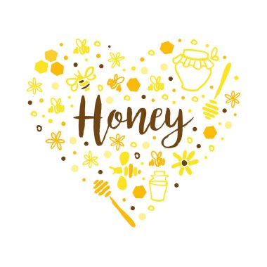 Honey Banner Template, Apiary and Beekeeping Symbols Pattern of Heart Shape, Brochure, Flyer, Poster, Card, Branding and Identity Concept Cartoon Vector Illustration