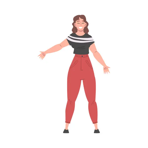 Mujer sonriente vestida ropa casual de pie con las manos abiertas, Bienvenido, Solidaridad, Amistad y Caridad Concepto Dibujos Animados Estilo Vector Ilustración — Archivo Imágenes Vectoriales