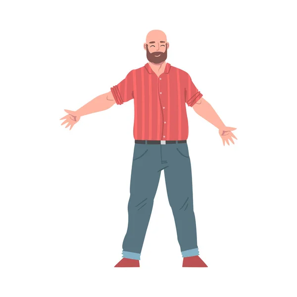 Homme barbu debout les mains grandes ouvertes, geste de bienvenue, solidarité, amitié, aide et soutien Concept Illustration vectorielle de style bande dessinée — Image vectorielle