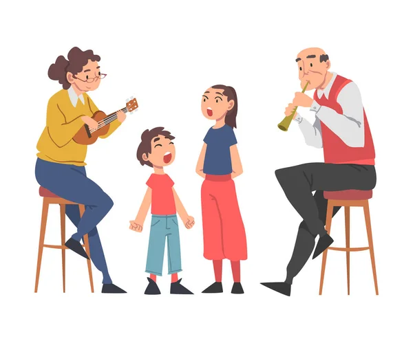Grootouders spelen muziekinstrumenten voor hun kleinkinderen en zingen, opa en oma besteedt veel tijd met kleinkinderen cartoon stijl vector illustratie — Stockvector