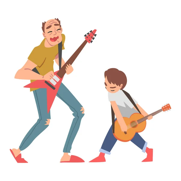 Grootvader speelt gitaar met zijn kleinzoon, familie besteedt goede tijd samen Cartoon Style Vector Illustratie — Stockvector