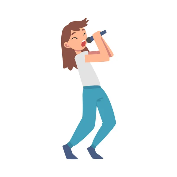 Χαριτωμένο Teenage Girl Τραγουδώντας με Microphone Cartoon Style Διάνυσμα Εικονογράφηση — Διανυσματικό Αρχείο