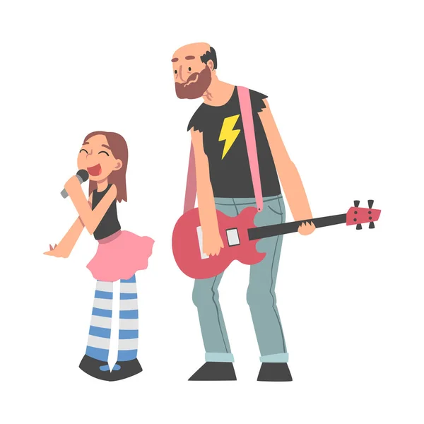 Opa spelen gitaar en zijn kleindochter zingen, grootouder besteden goede tijd met kleinkind cartoon stijl vector illustratie — Stockvector