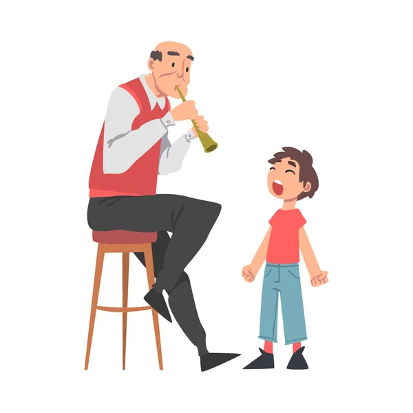 Opa spelen fluit naar zijn kleinzoon, grootouder besteden goede tijd met kleinkind cartoon stijl vector illustratie — Stockvector
