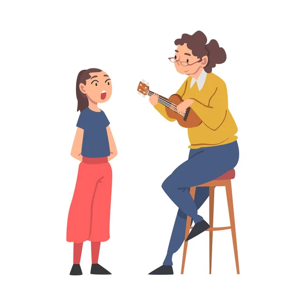 Grand-mère jouant Ukulele et sa petite-fille chantant, grand-parent passant du bon temps avec petit-enfant Illustration vectorielle de style dessin animé — Image vectorielle