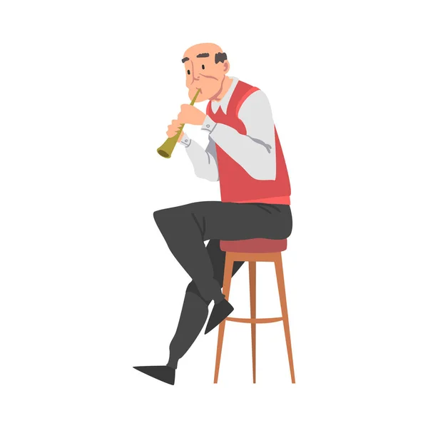 Oudere man speelt fluit, oude man muzikant karakter cartoon stijl vector illustratie — Stockvector