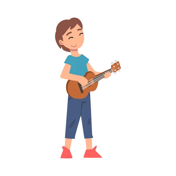 Niño lindo jugando Ukulele, niño aprendiendo a tocar instrumento musical estilo de dibujos animados Vector Ilustración — Archivo Imágenes Vectoriales