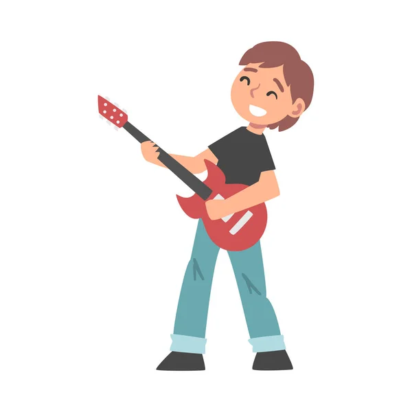 Cute Boy Playing Electric Guitar, Kid Learning to Play Musical Instrument Cartoon Style Vector Illustration — Wektor stockowy