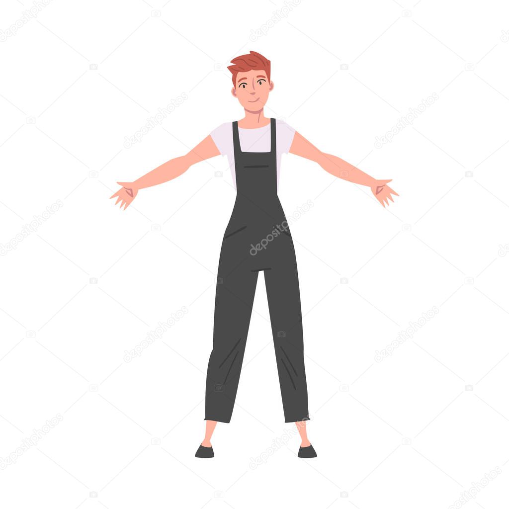 Girl Dressed Overalls Standing with Wide Open Hands, Welcome, Solidarity, Friendship and Charity Concept Cartoon Style Vector Illustration