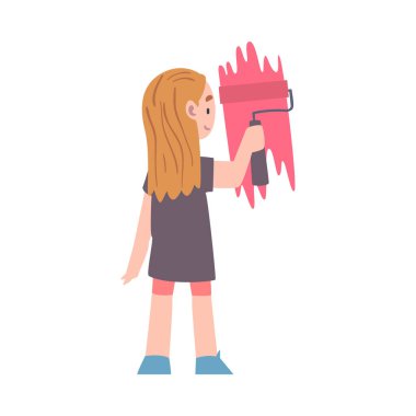 Küçük Kız Boya Pateni ve Renkli Duvar Vektörü İllüstrasyonu