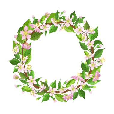 Kiraz Çiçekleri ve Yaprakları Çelengi, Güzel Çiçek Çerçevesi Çiçek Tasarımı Çizgi Film Vektör İllüstrasyonu