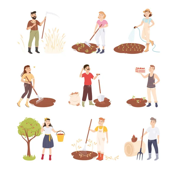 Agricultores o Trabajadores Agrícolas Cultivando Plantas y Recolectando Cultivos Vector Illustration Set — Vector de stock