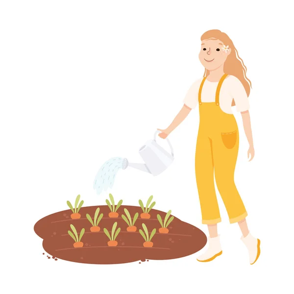 Jovem agricultor ou trabalhador agrícola que rega o remendo vegetal com ilustração do vetor da cenoura — Vetor de Stock