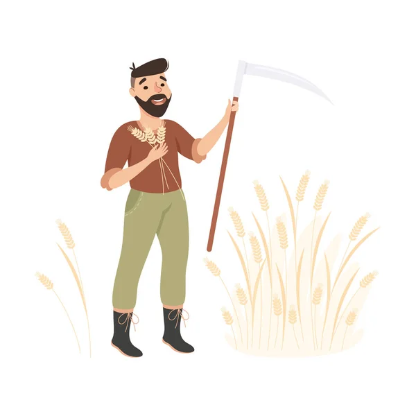 Bearded Man Farmer or Agricultural Worker with Scythe Reaping Ears of Wheat Vector Illustration — Stock Vector
